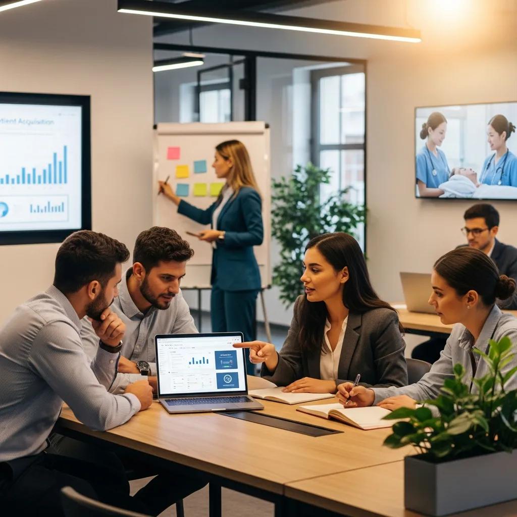 Healthcare marketing agency team collaborating on strategies in a modern office
