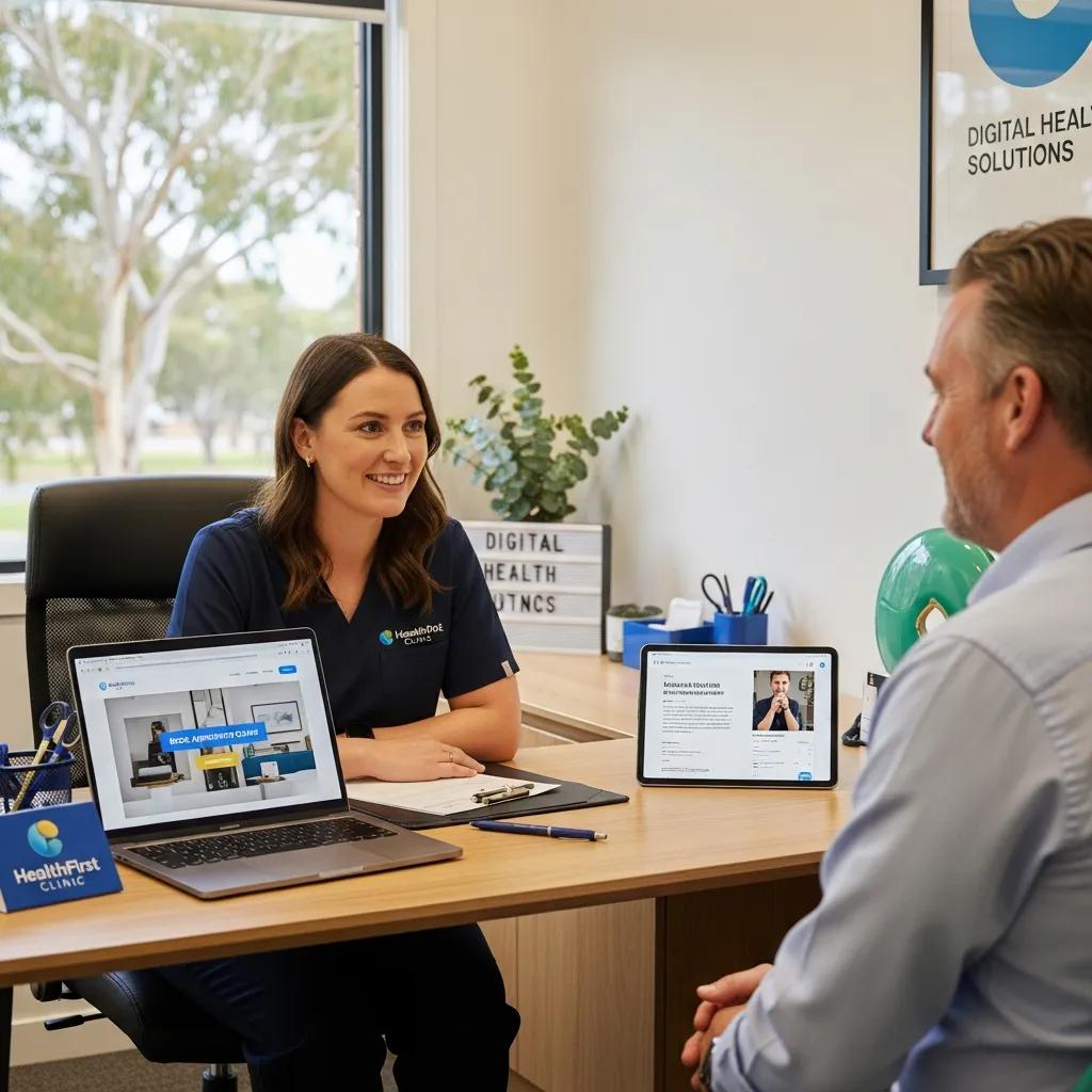 Healthcare professional engaging with a patient in a welcoming office, representing effective digital marketing strategies for small businesses