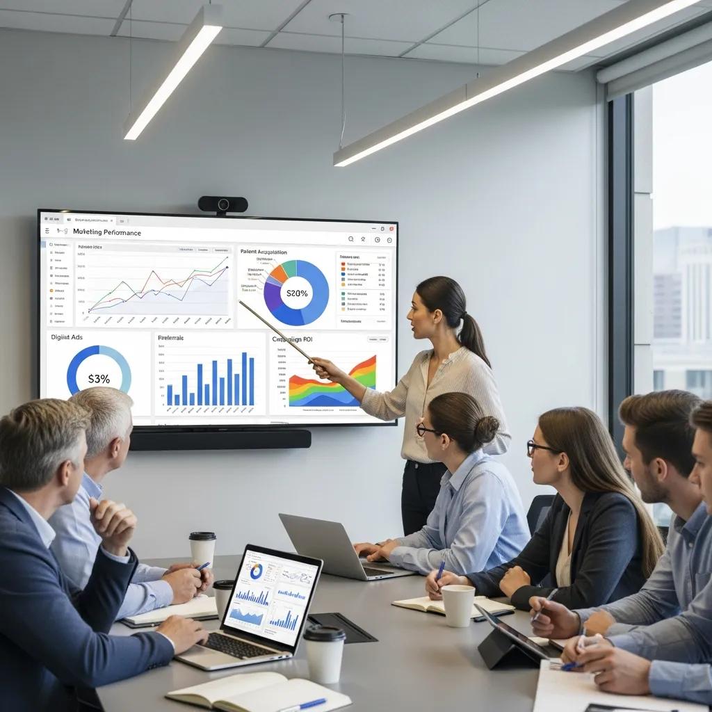 Healthcare team analyzing marketing performance data in a conference room