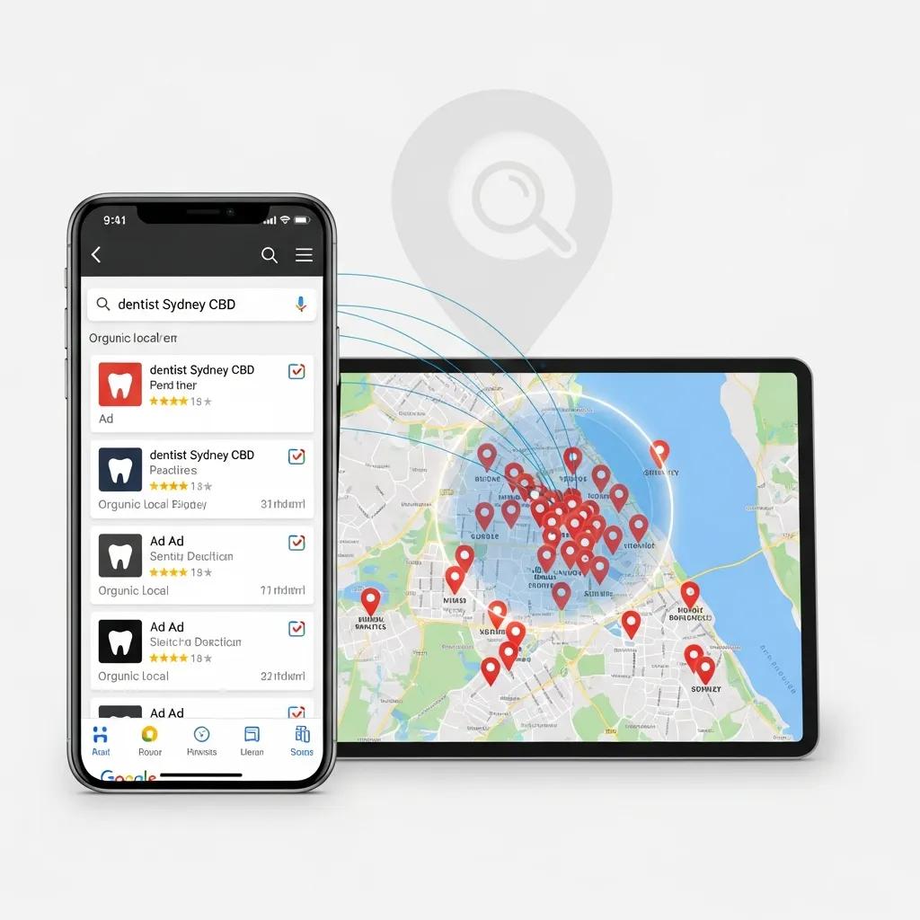Map of Sydney with markers for dental practices, illustrating geotargeting in Google Ads