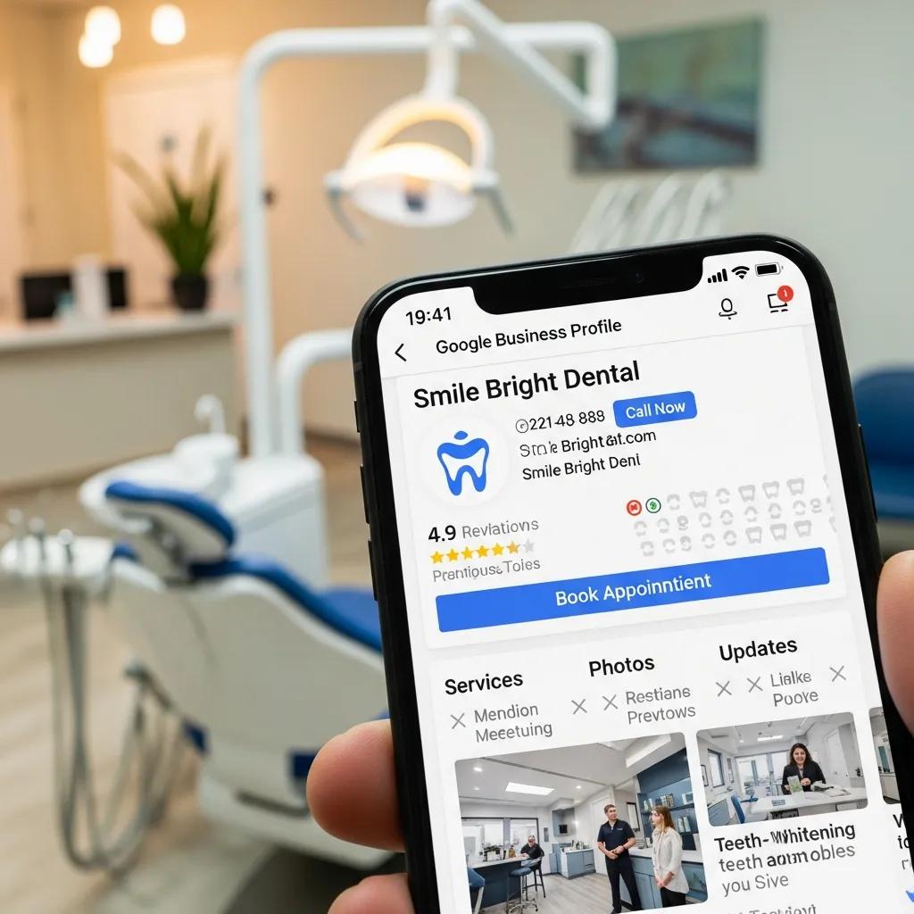 Smartphone displaying an optimized Google Business Profile for a dental practice