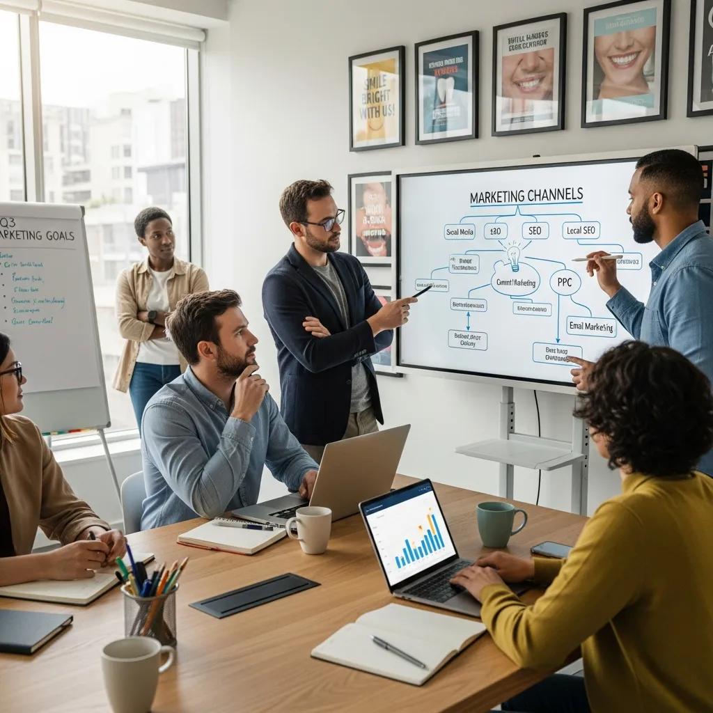 Top Dental Marketing Services in Sydney for Clinic Growth Team of dental marketing professionals collaborating on digital marketing strategies in a modern office