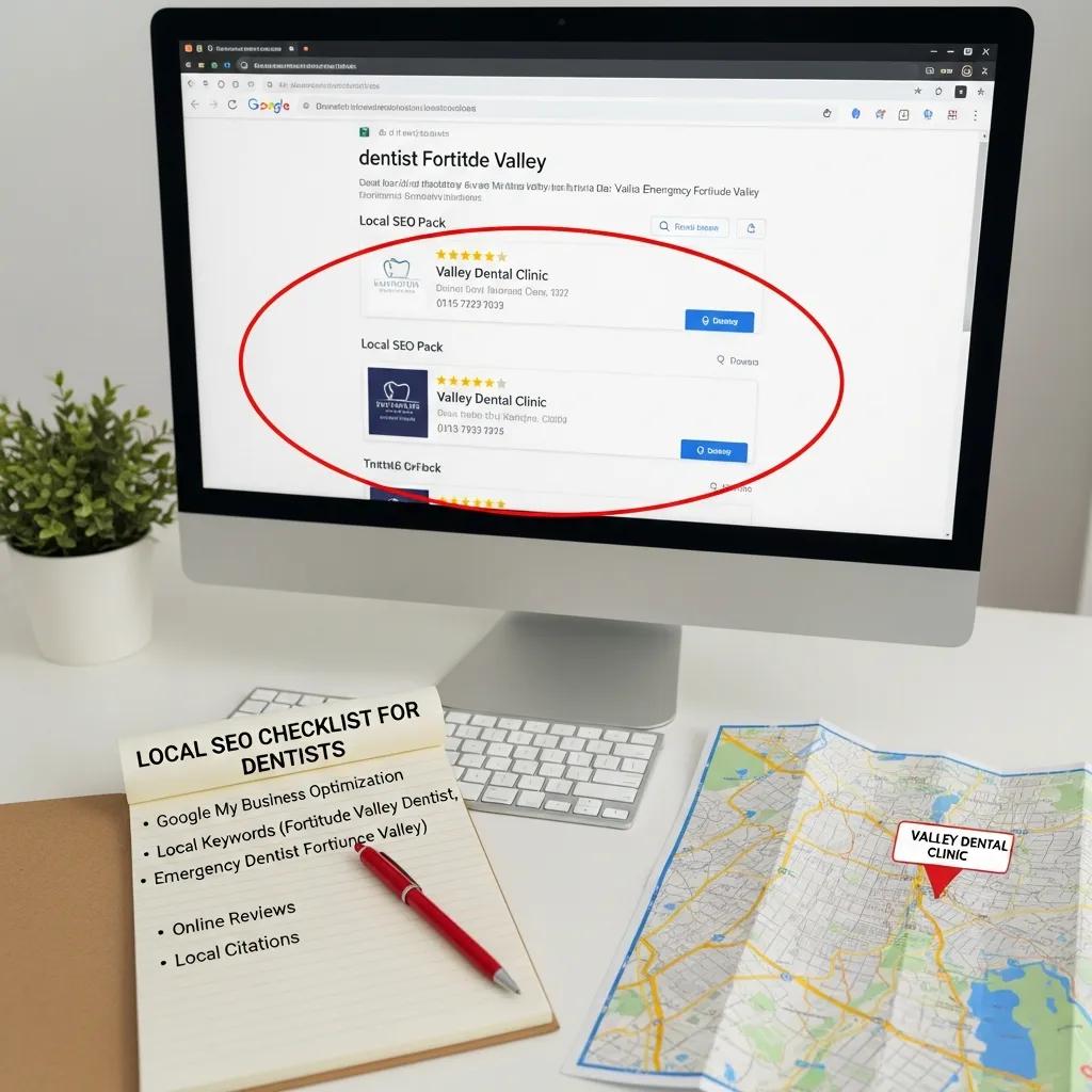 Visual representation of local SEO techniques for dental practices with Google search results and keywords