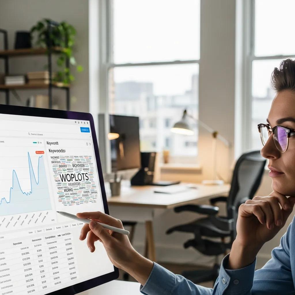 Close-up of a person analysing keyword analytics on a computer screen, featuring a graph and keyword data, in a modern office setting, illustrating AI-powered SEO tools for enhanced website performance.
