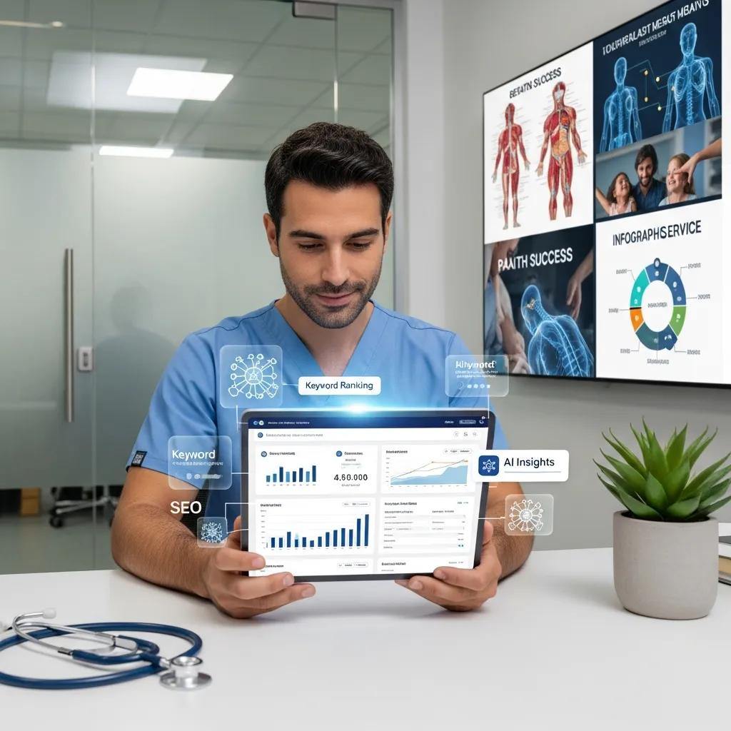 Healthcare professional in scrubs analyzing AI-driven SEO performance metrics on a tablet, with visual data insights and graphs, in a medical office setting.
