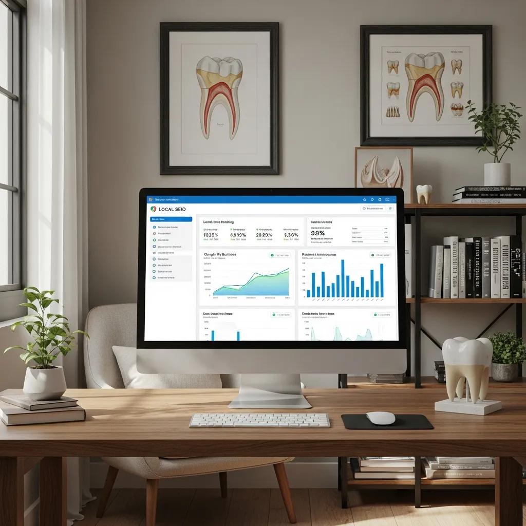 Computer screen showing local SEO dashboard for dental practices in a cozy office