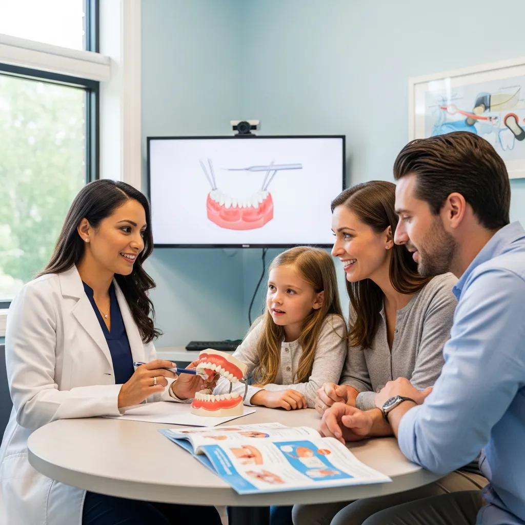 Dentist explaining dental procedure to a young family in a consultation room