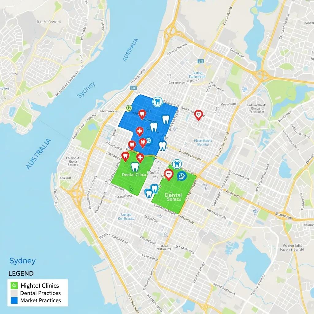 Targeted Google Ads for New South Wales Dental Practices Map of Sydney highlighting dental clinics and targeted suburbs for effective local advertising