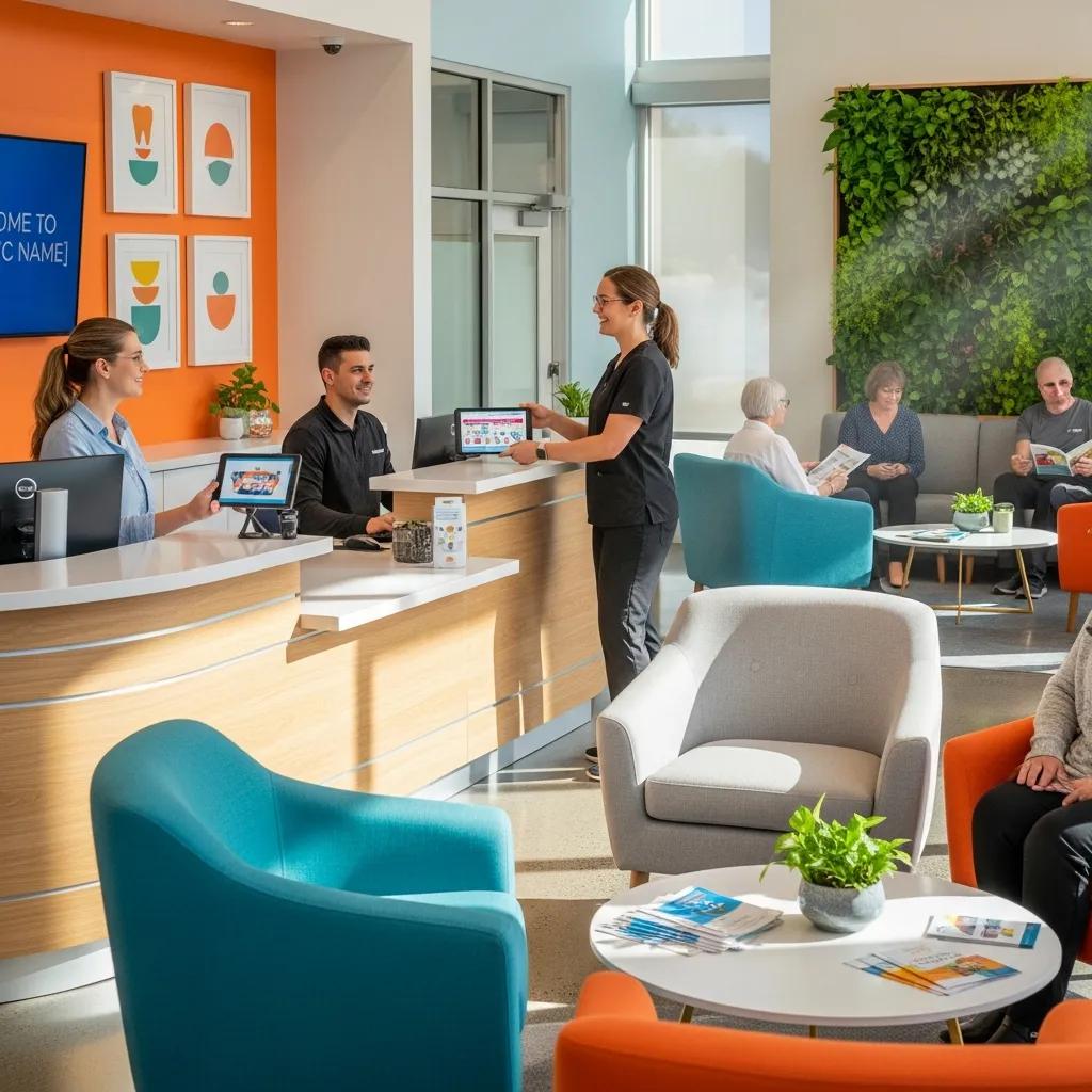Modern dental clinic reception area with friendly staff and welcoming atmosphere